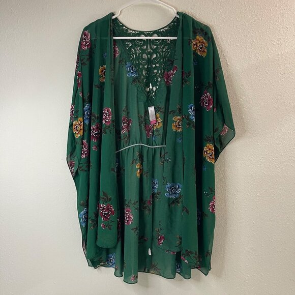 Floral Green Sheer Kimono Cardigan With Lace Back & Tie Waist - Picture 2 of 13